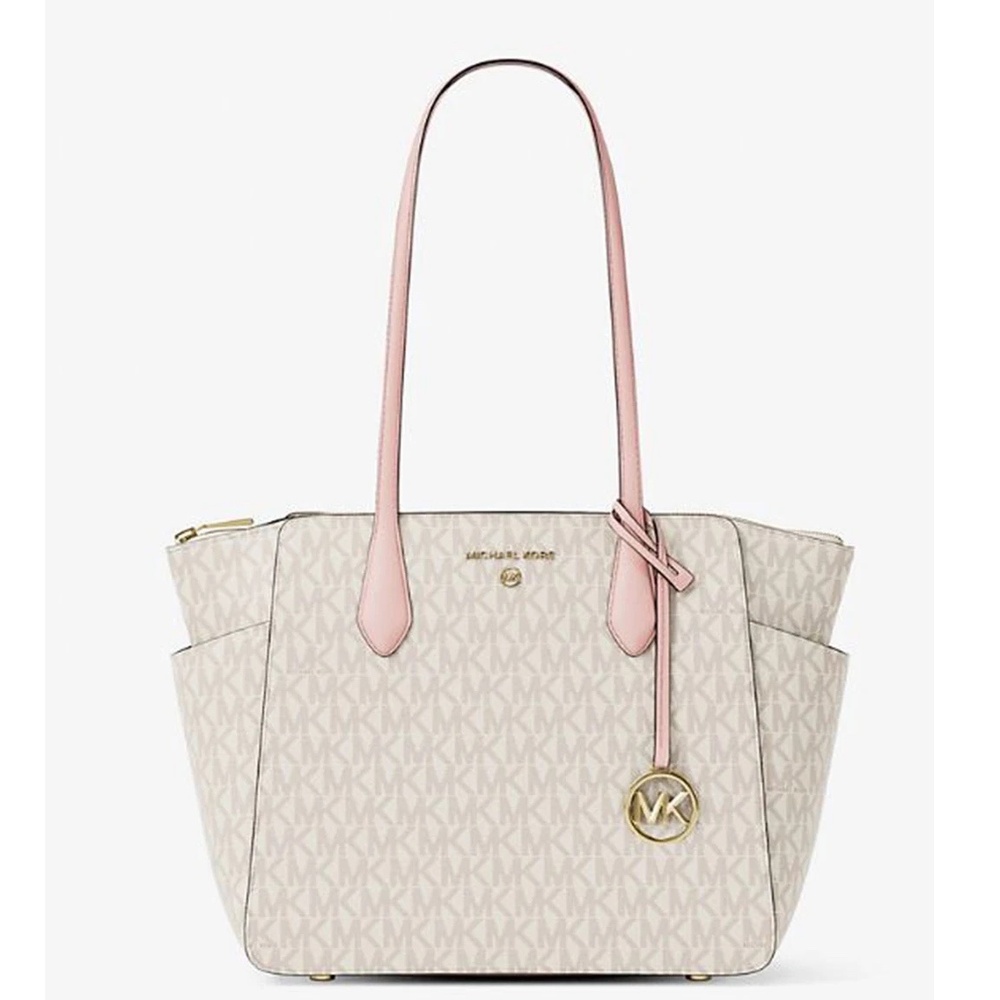 Michael Kors Marilyn Large MK Signature Tote Bag Vanilla Powder Blush NWT